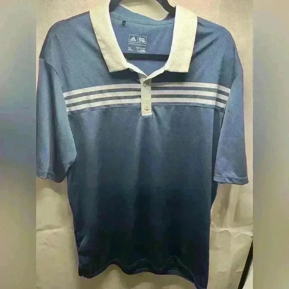Adidas Golf Polo Shirt Blue Gray Striped Short Sleeve Mens XL Golf Active Casual